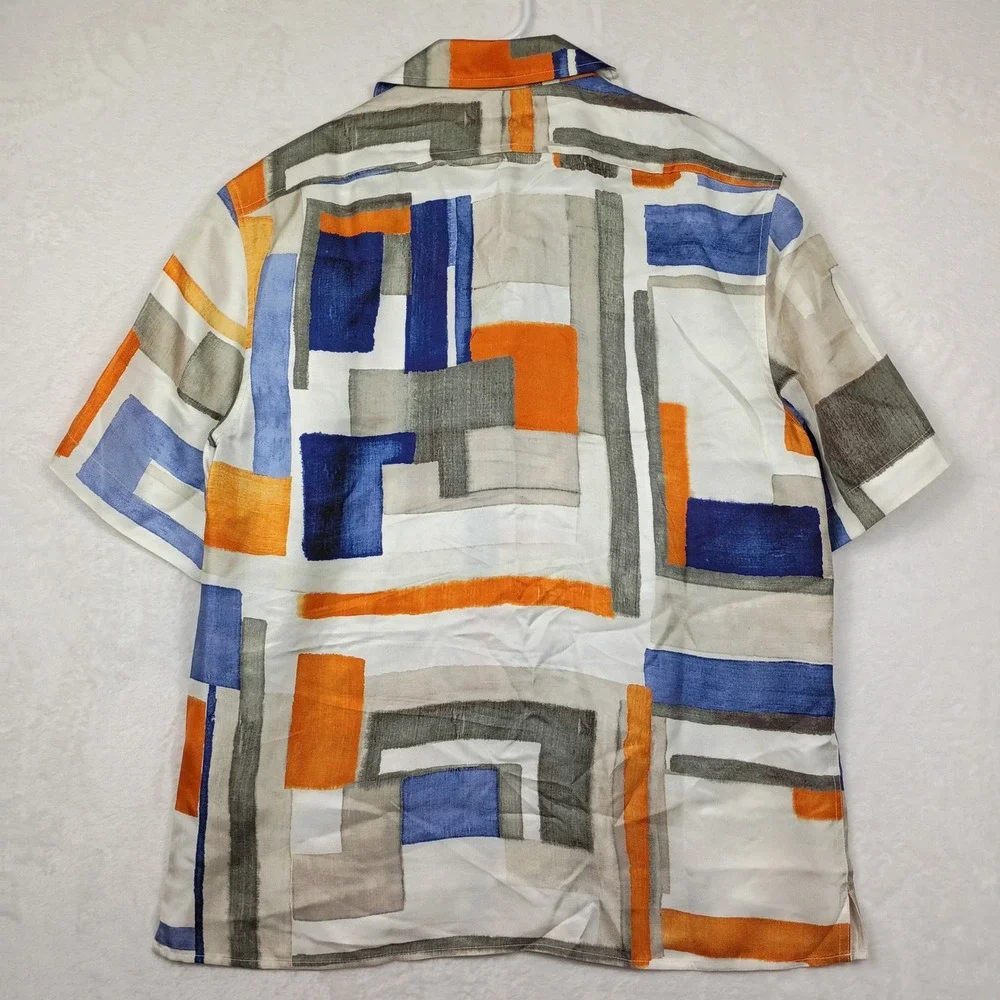 Banana Republic Mens M Tall Silk Abstract Geometric Camp Shirt Blue Orange White